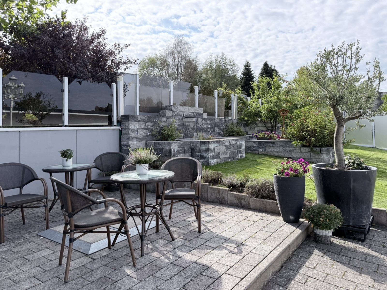 Terrasse mit Tischen, Olivenbaum und Garten